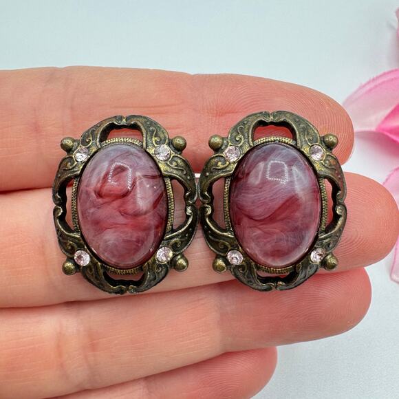 Vintage 1928 Victorian Revival Purple Swirled Lucite Cabochon Pink Rhinestones - Picture 7 of 12